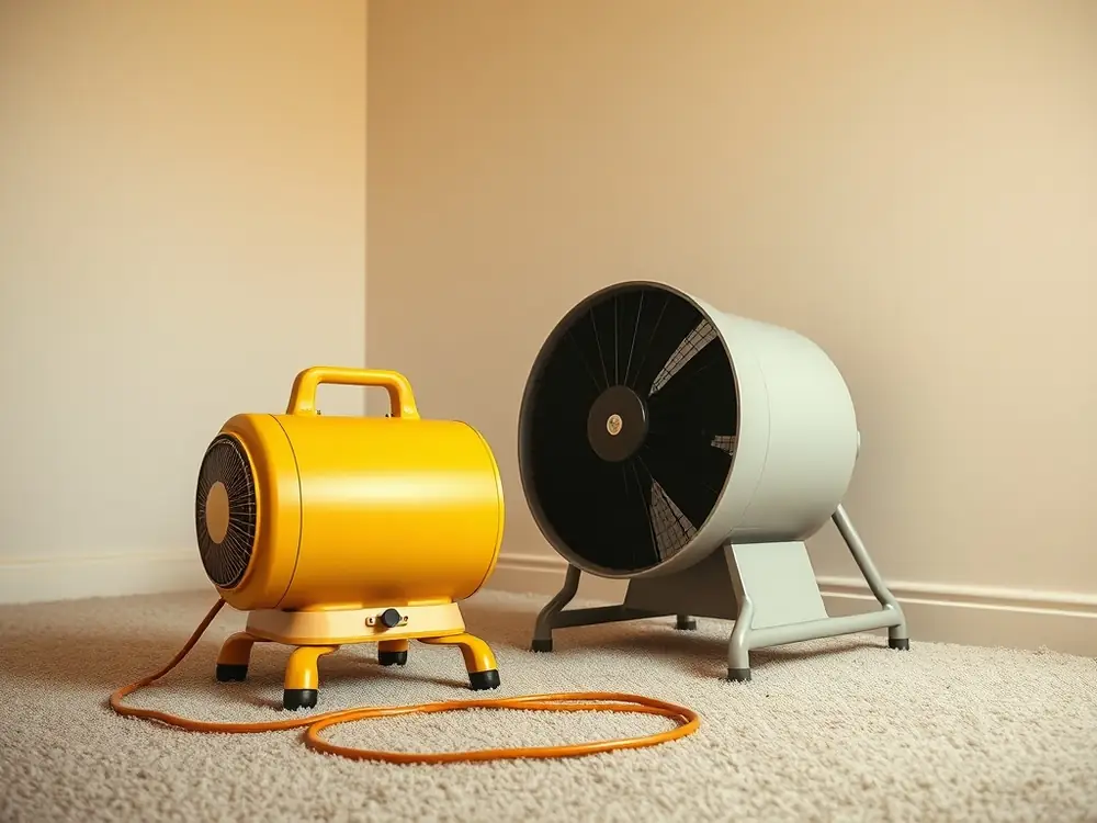 A portable industrial heater and high temperature fan set up in an empty bedroom