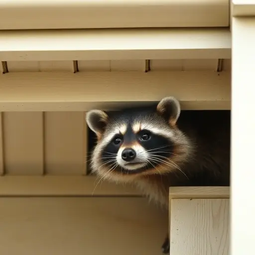 A raccoon under a roof soffit