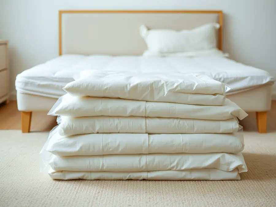 Bed linens sealed in clear bags ready for a heat treatment