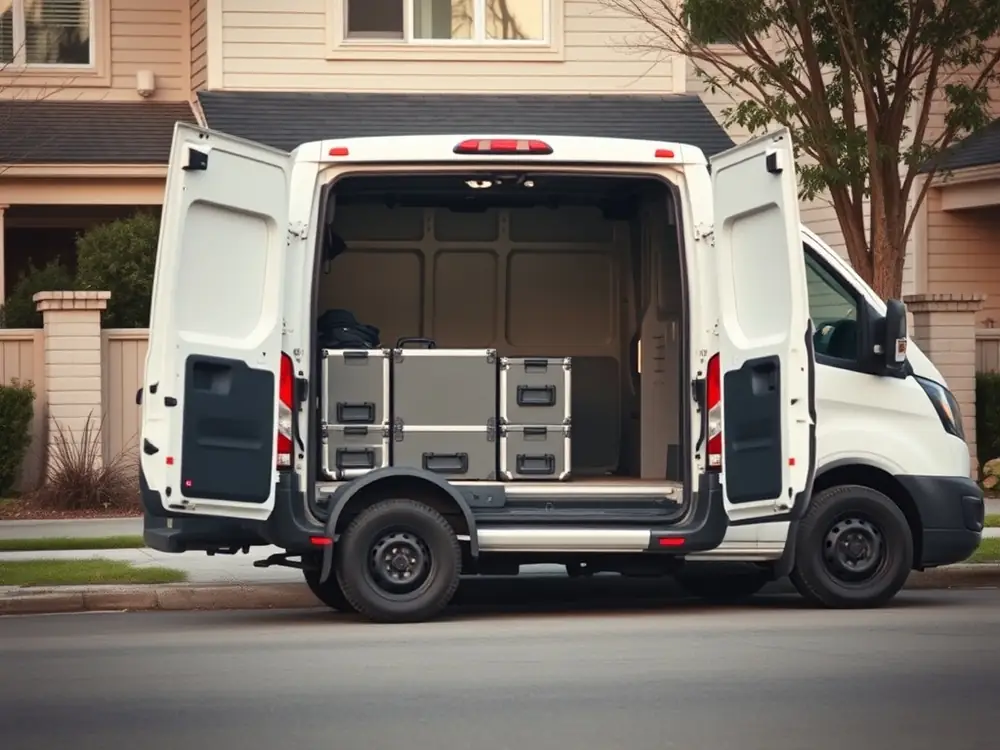 A service van with equipment cases parked outside a house